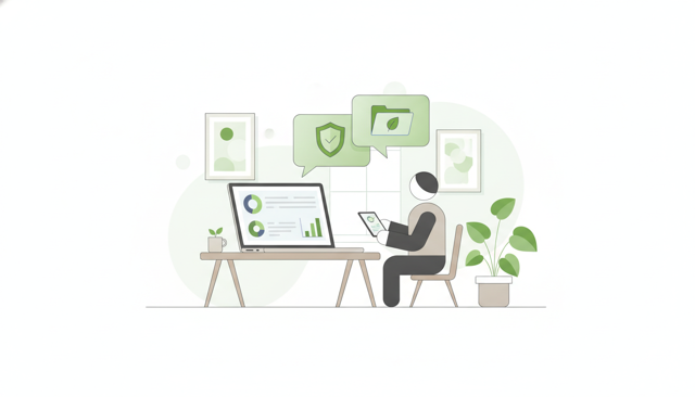 clean editorial illustration of a customer reviewing insurance feedback on a laptop, with speech bubbles, a shield icon, and a document folder in a modern Danish home setting