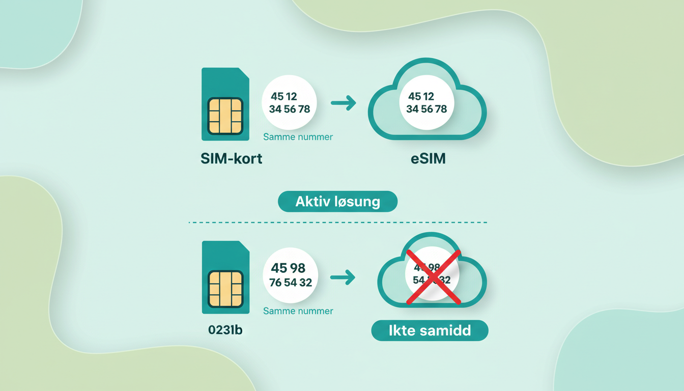 clean infographic showing a mobile number moving between a physical SIM card and an eSIM profile, with a crossed-out second active connection. Danish labels: "Samme nummer", "SIM-kort", "eSIM", "Aktiv løsning", "Ikke samtidig"