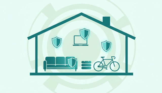 minimalist illustration of a home interior with protected personal belongings such as sofa, laptop, bicycle, and clothing, surrounded by subtle shield symbols