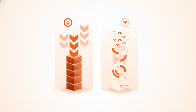 minimalist comparison illustration of ethernet cable versus wireless signal in a home network, emphasizing speed and stability differences