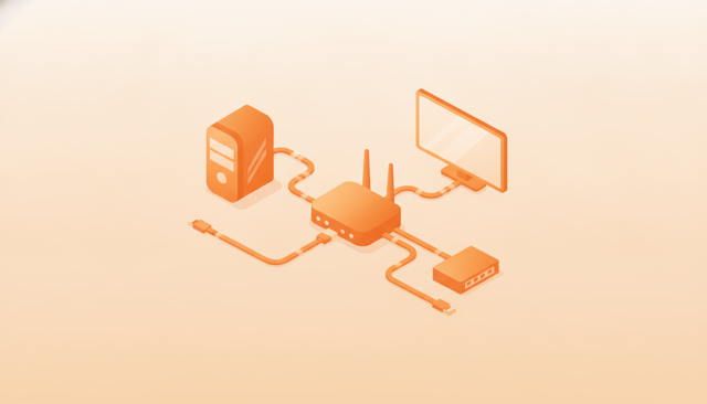 clean isometric illustration of a home network with a router connected by three Ethernet cables of different thicknesses to a gaming computer, smart TV, and network switch, no text or labels
