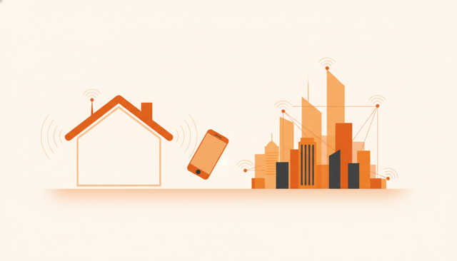 illustration of a smartphone leaving a home with Wi-Fi waves fading out and a city scene with public hotspots in the background, clean modern style