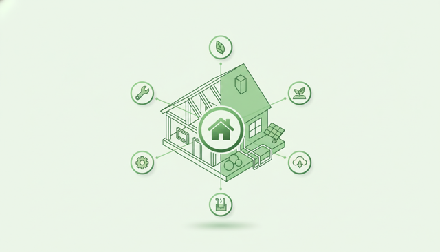 clean isometric illustration of a detached house divided into two visual zones, one showing the building structure and the other showing underground pipes, garden ground, and external installations, no text or labels