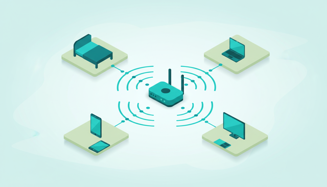 minimalist illustration of a home router sending wireless waves to a smartphone, laptop, smart TV, and tablet in different rooms