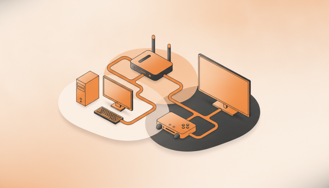 clean isometric illustration of a home network setup with a router, a desktop computer, a game console, and a TV connected by visible Ethernet cables