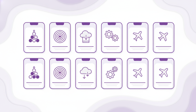 clean comparison illustration of ten mobile subscription cards arranged in a grid, each card with a different abstract icon representing price, coverage, data, service, and travel benefits