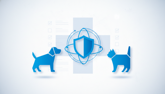 clean editorial illustration of a dog and a cat next to a shield icon, with a subtle medical cross and a faded checklist in the background, emphasizing insurance exclusions without any text