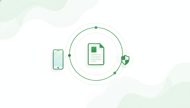 clean editorial illustration of a digital insurance policy document beside a smartphone and a small shield icon, no text, labels, or numbers