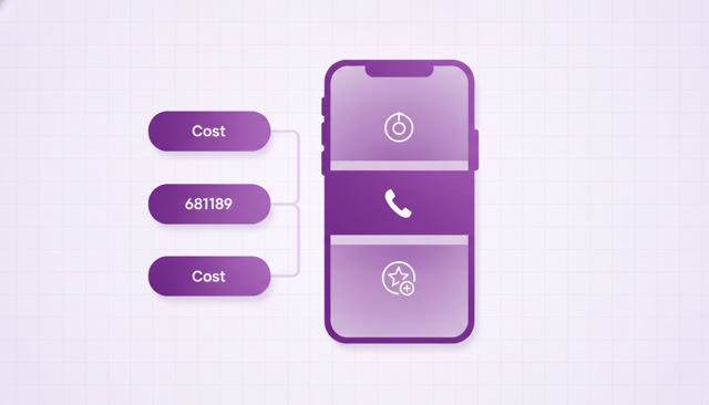 flat illustration of a mobile phone bill split into three cost components with a small data icon, a phone call icon, and an optional extra services icon