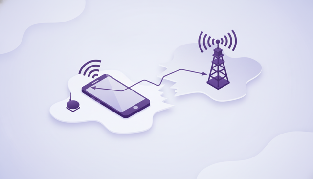 minimalist illustration of a smartphone connecting from a home network to a foreign mobile mast across a map border, showing roaming concept without text