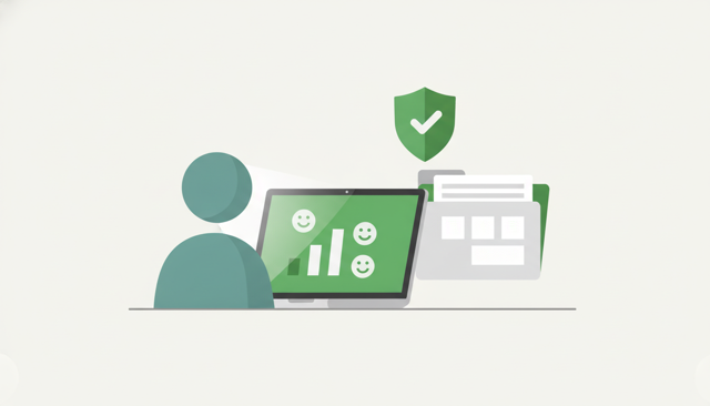 clean editorial illustration of a person reviewing insurance feedback on a laptop beside a folder with policy documents and a shield icon, neutral colors