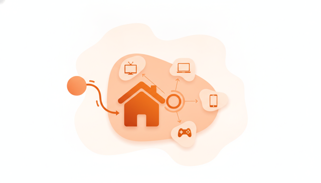 clean infographic showing the difference between a public internet-facing address and several private home network device addresses inside a house