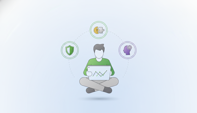 clean flat illustration of a person reviewing an insurance policy with three floating cost factors around them: coverage, deductible, and personal profile, all shown as simple icons without text