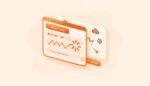 minimalist illustration of a browser window trying to resolve a website name into an IP address, with a broken lookup path and a simple network connection concept
