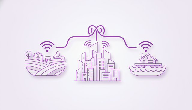 three-network comparison illustration with a rural landscape, a city skyline, and a coastal summer house, each connected by different mobile signal waves