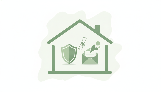 clean flat illustration of a family home with a shield, a document, and an envelope showing a payout concept, in soft muted colors