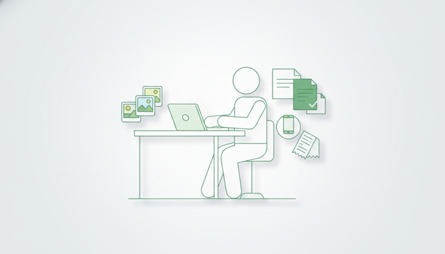 realistic illustration of a person preparing insurance documents at a desk with a laptop, phone, receipts, and photo prints arranged neatly