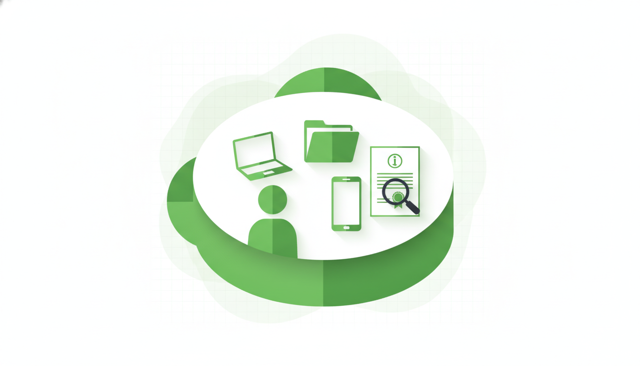 minimalist illustration of a person checking a laptop, smartphone, and office folder, with a subtle insurance document and a magnifying glass, clean Scandinavian style