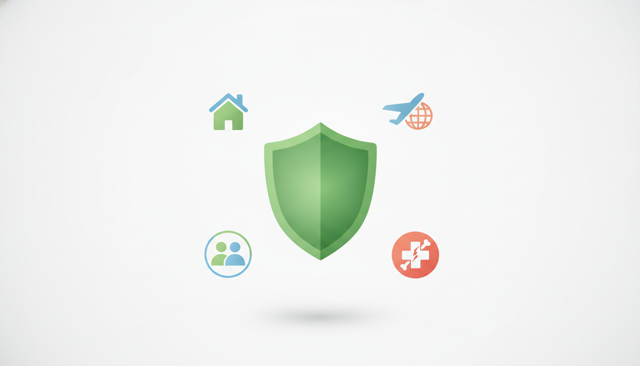 clean flat illustration of a shield surrounded by four simple insurance icons representing home, travel, accident, and liability coverage