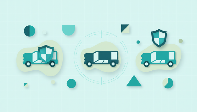minimalist illustration showing three parked cars in different conditions, with one car highlighted by a shield icon, one by a partial shield, and one by a full coverage glow