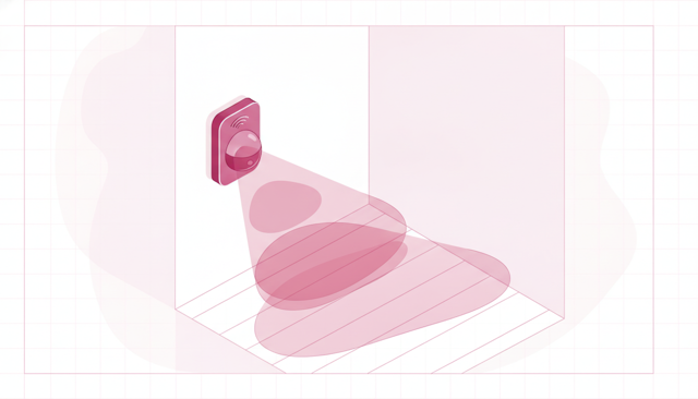 clean isometric illustration of a home security motion sensor mounted in a hallway, with subtle infrared detection zones extending across the room, no text or labels
