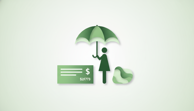 clean editorial illustration of a person standing between a full salary paycheck and a smaller unemployment benefit, with a protective umbrella symbolizing income insurance, no text, labels, or numbers