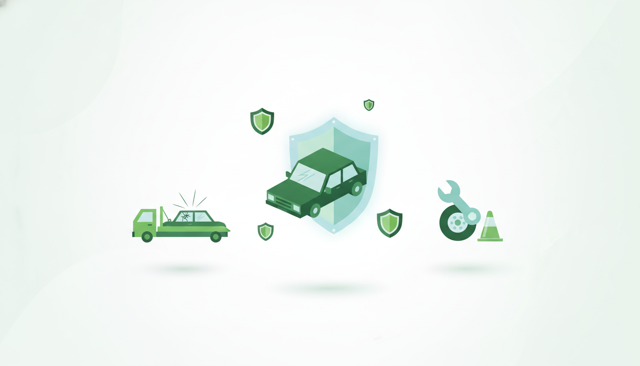 isometric illustration of a car insurance concept with a protected car surrounded by shield icons, a tow truck, cracked windshield, and a roadside assistance scene, no text