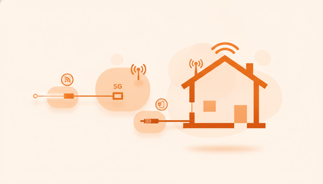 clean comparison scene showing three internet connection types for a home, with fiber cable, wireless 5G signal, and coax cable entering the same house