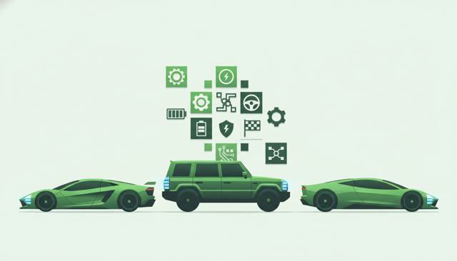 an elegant sports car, a luxury SUV, and a performance electric car parked side by side in a sleek studio setting, with visual emphasis on expensive materials, advanced headlights, and premium design