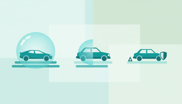 clean comparison scene with a modern car under a full protective bubble, a middle-aged car under a partial shield, and an old car with only a simple roadside shield, all on a neutral background