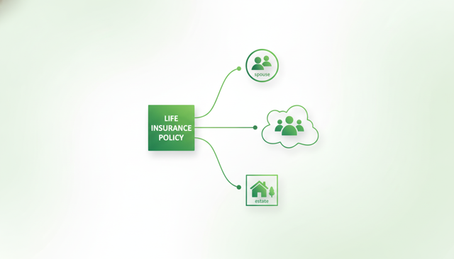 minimalist comparison illustration showing three paths from a life insurance policy to either spouse, children, or estate, with simple icons and no text