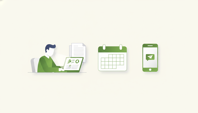 minimalist illustration of a person reviewing an insurance policy on a laptop with a calendar, document stack, and a phone showing a sent message, clean flat design