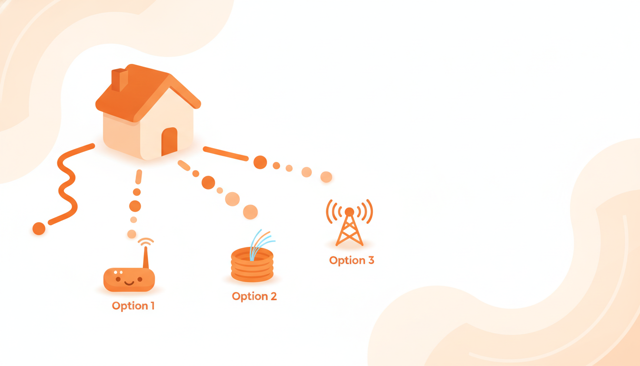 clean flat illustration of a household comparing three internet options with a router, a fiber cable, and a 5G antenna, each shown as a different cost path leading to a home