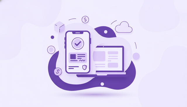 clean smartphone and laptop payment scene showing a person approving a bill in a banking app, with a simple invoice and secure checkmark icon