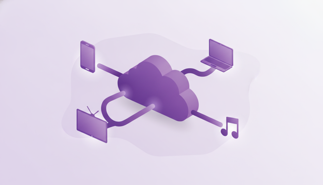 clean flat illustration showing a smartphone, laptop, TV screen and music note connected to a large cloud representing very large mobile data usage