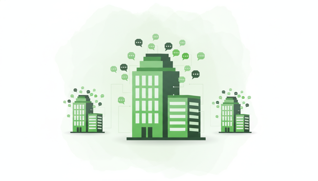 clean editorial illustration showing three large insurance office buildings with many small complaint speech bubbles around them, emphasizing relative size and complaint volume without any text
