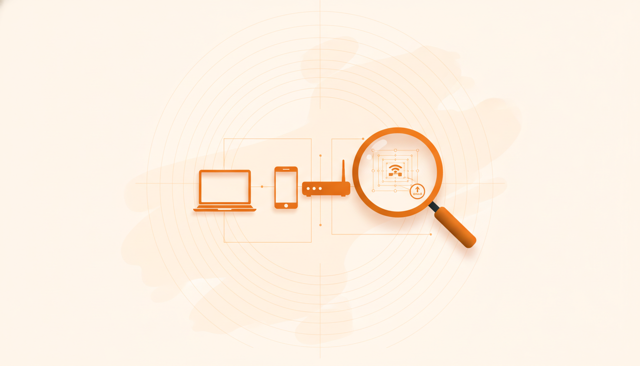 clean flat illustration of a laptop, smartphone, and router connected by subtle lines, with a magnifying glass highlighting network settings and DNS lookup concept