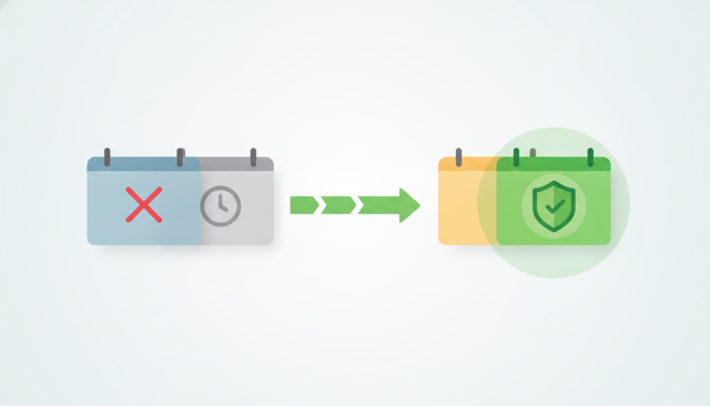 clean infographic showing a simple timeline with an old insurance policy ending and a new one starting, illustrated with overlapping calendar cards and a shield icon